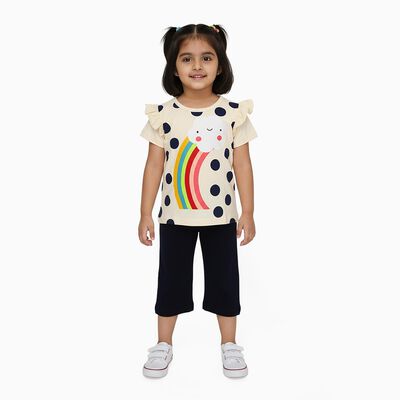 Girls Cream Cotton Rainbow Graphic Top and Navy Blue Capri Set