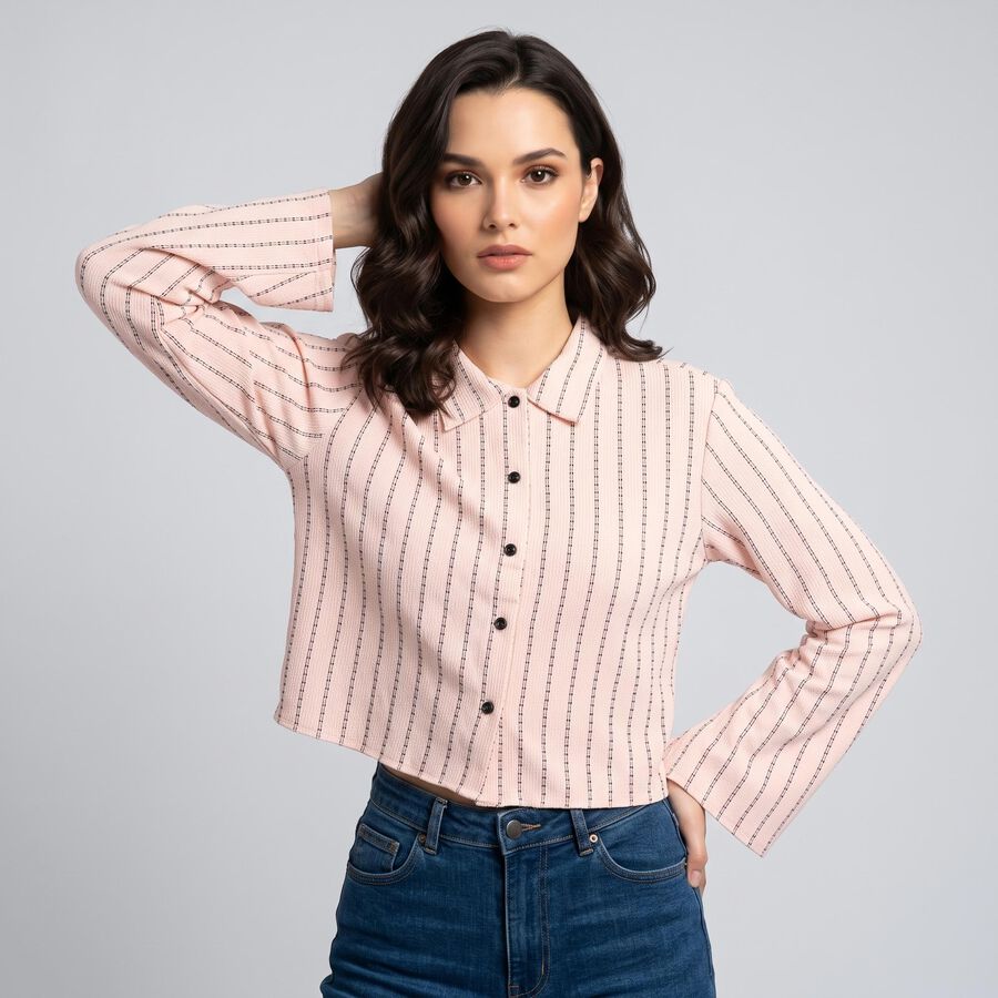 Women's Pink Striped Collar Shirt, गुलाबी, large