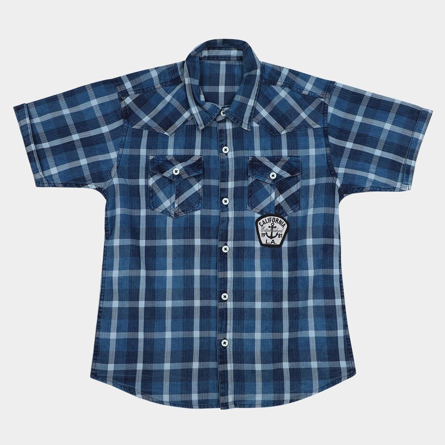 Boys Navy Blue Cotton Half Sleeves Spread Collar Western Casual Shirt, Navy Blue, large