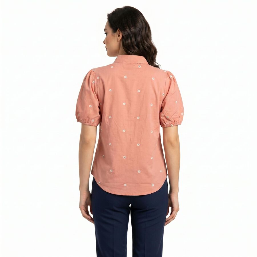 Women's Pink Cotton Floral Spread Collar Regular Fit Shirt, Pink, large