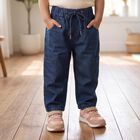 Girls' Navy Blue Cargo Fit Drawstring Waist Jeans, Mid Blue, small