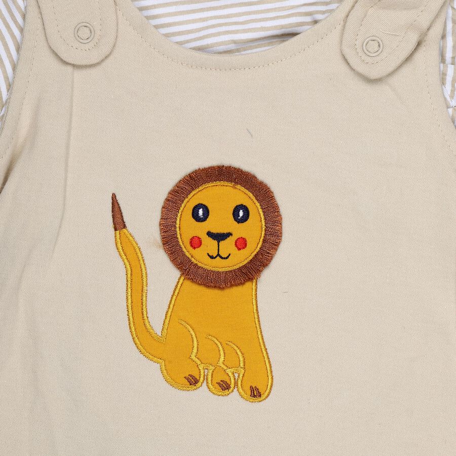 Infants' Beige Cotton Round Neck Lion Embroidered Baba Suit, Beige, large