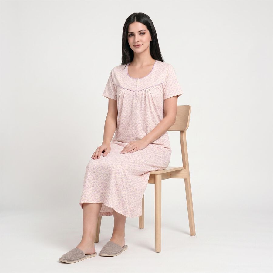 Women's Off White Round Neck A-Line Nighty, ऑफ व्हाइट, large