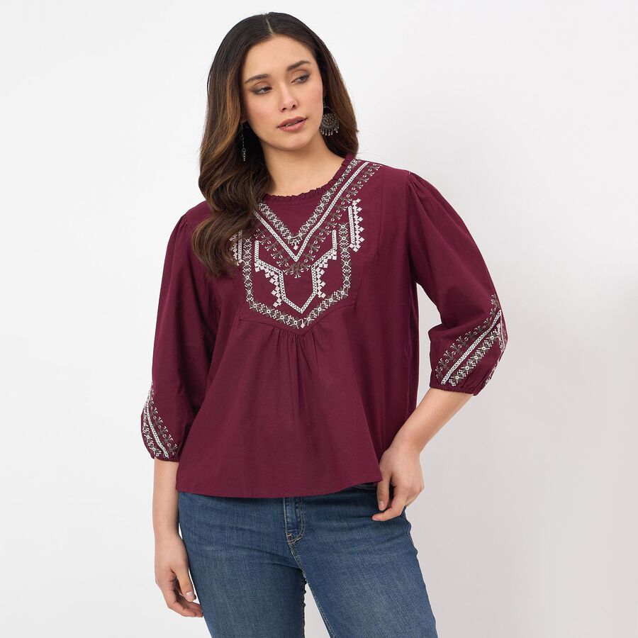 Women's Wine Cotton Round Neck Side Tie-Up Top, Wine, large