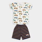 Boys' Off White Cotton Round Neck Printed Baba Suit, Off White, small image number null