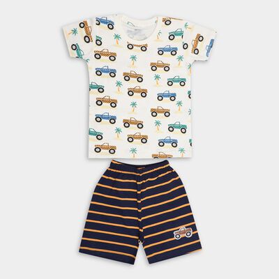 Boys' Off White Cotton Round Neck Printed Baba Suit