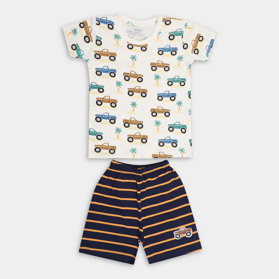 Boys' Off White Cotton Round Neck Printed Baba Suit, Off White, large image number null