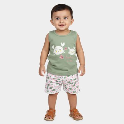 Infants Green Cotton Round Neck Printed Top and Shorts Set