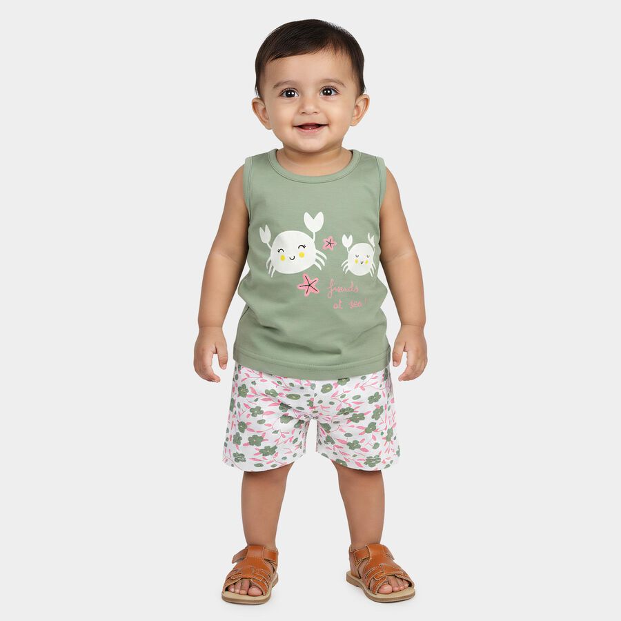 Infants Green Cotton Round Neck Printed Top and Shorts Set, Light Green, large