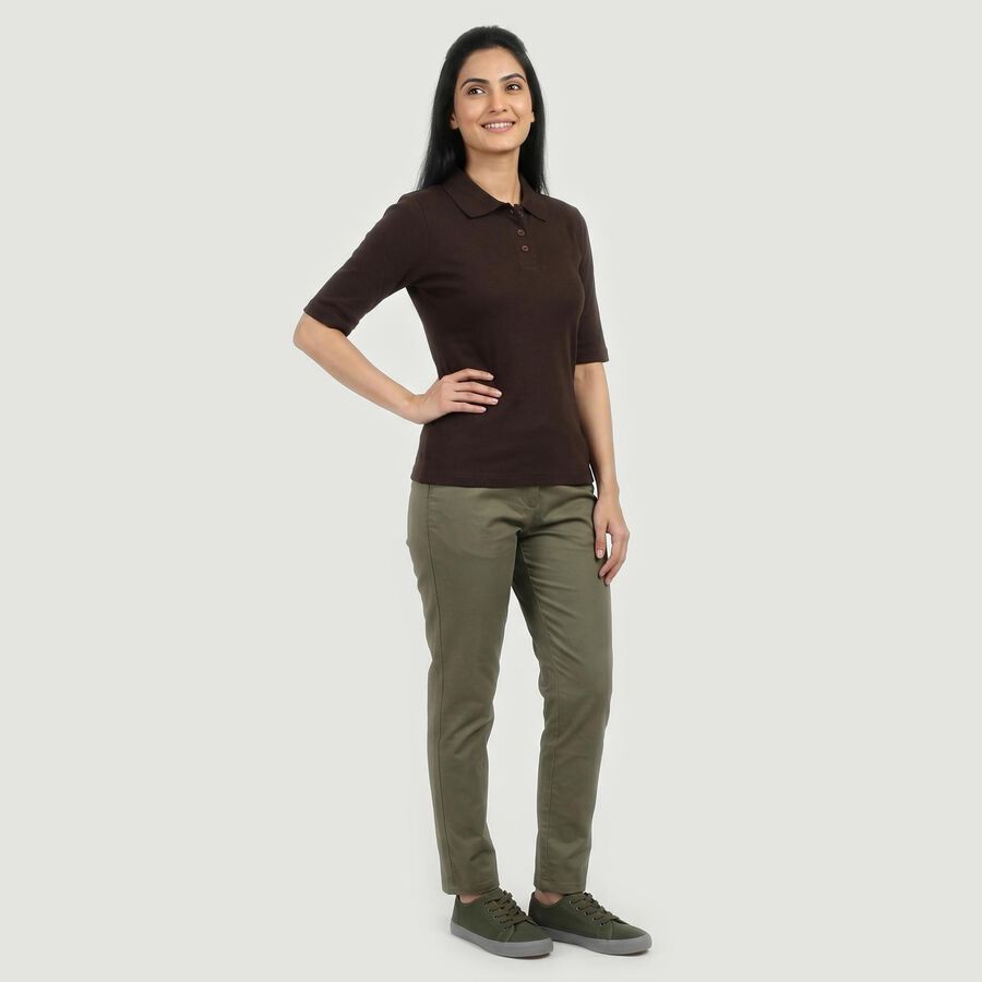 Women's Brown Cotton Blend Polo Neck Preppy Polo T-Shirt, Brown, large