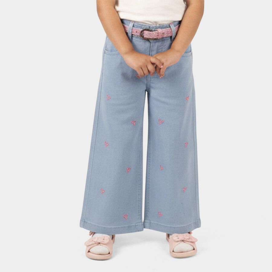 Girls' Light Blue Wide Leg Embroidered Jeans, आइस ब्लू, large image number null