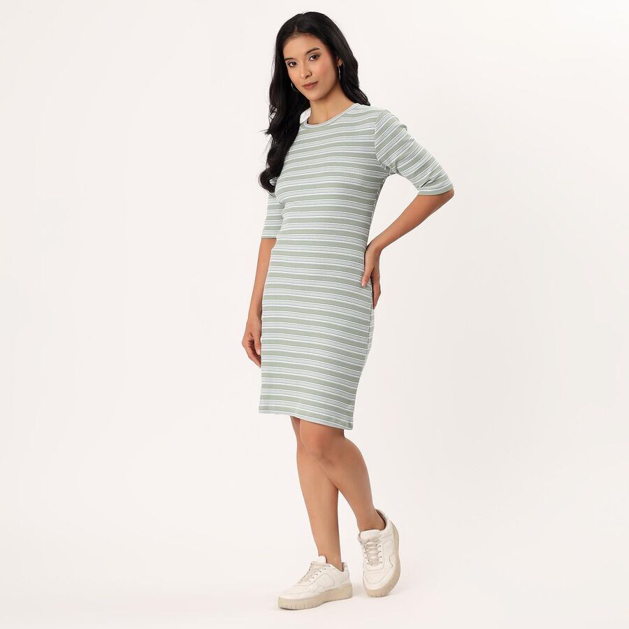 Women's Green Crew Neck Pleated Dress, Light Green, large