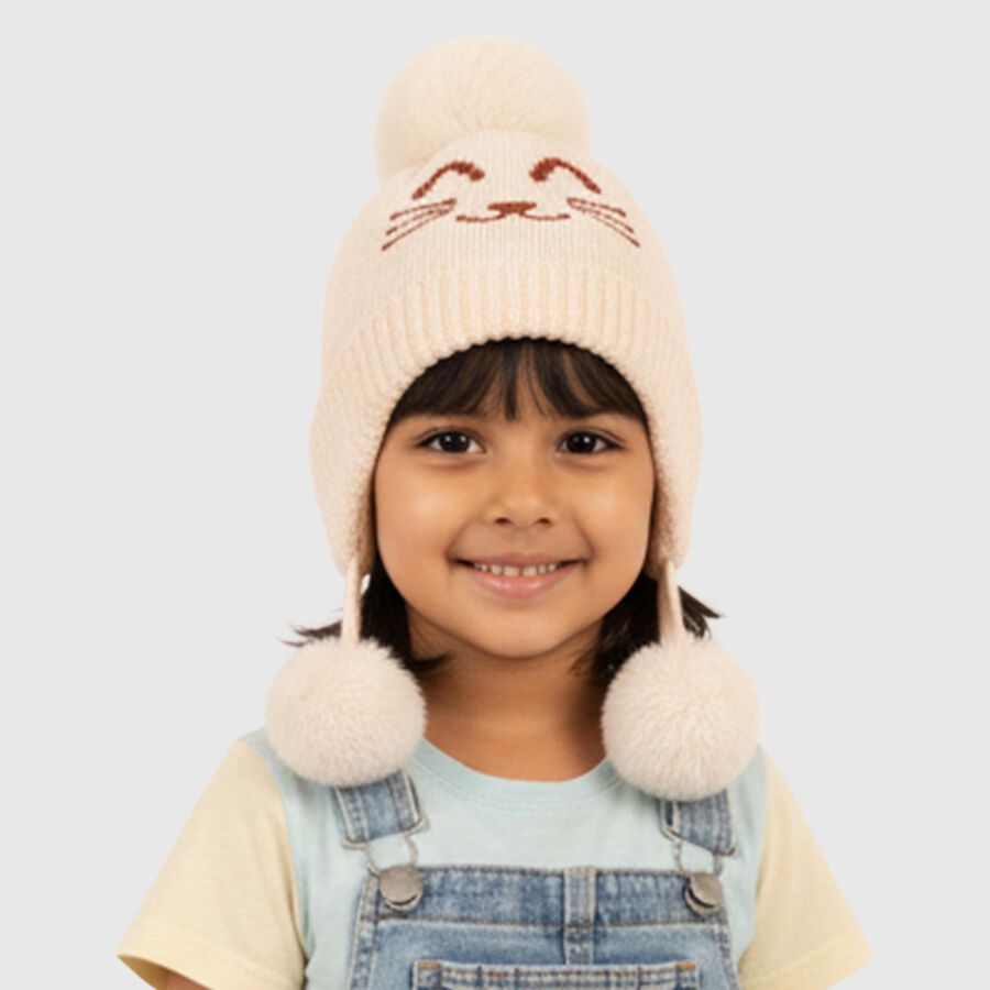 Infants Soft Beige Cat Face Winter Cap, ऑफ व्हाइट, large image number null