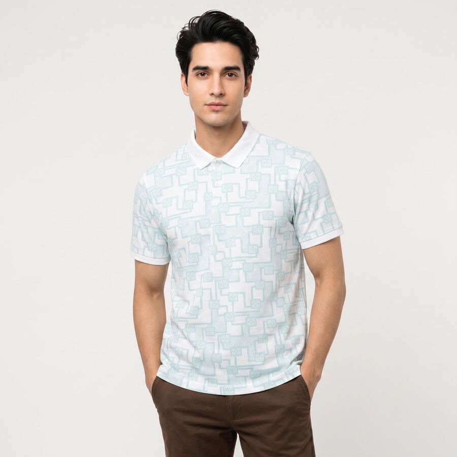 Men's Light Green Cotton Polo Neck Printed T-Shirt, Light Green, large