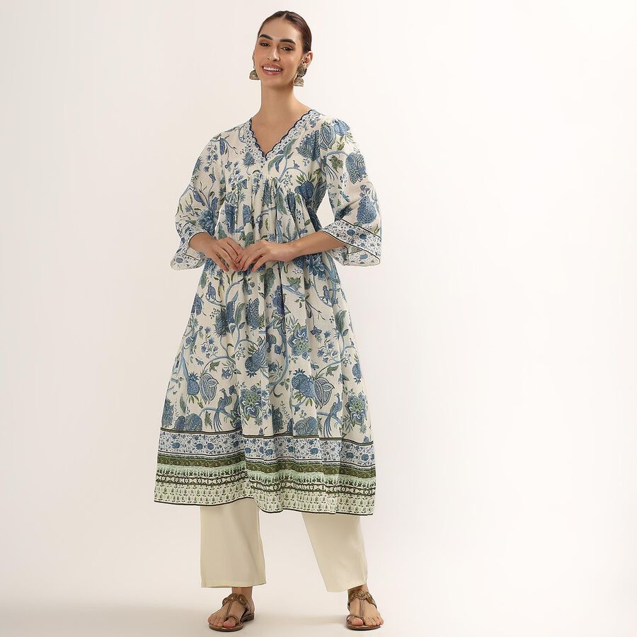 Women's Soft Ivory Cotton V-Neck Floral Printed Kurta, Light Blue, large image number null