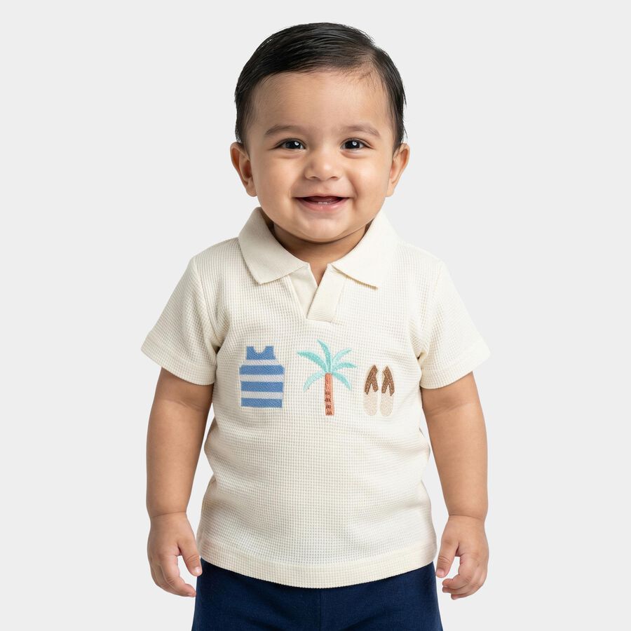 Infants Off-White Cotton Polo Neck Casual T-Shirt, Off White, large