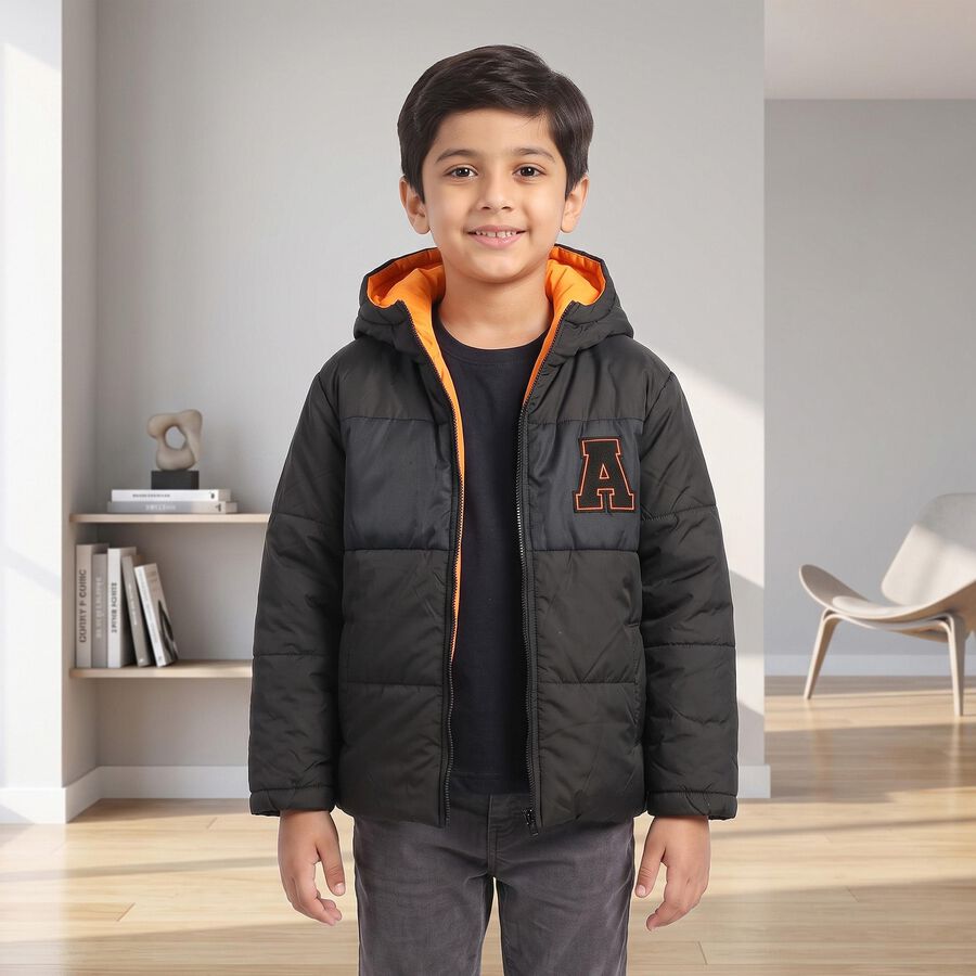 Boys Black Hooded Puffer Jacket, Black, large
