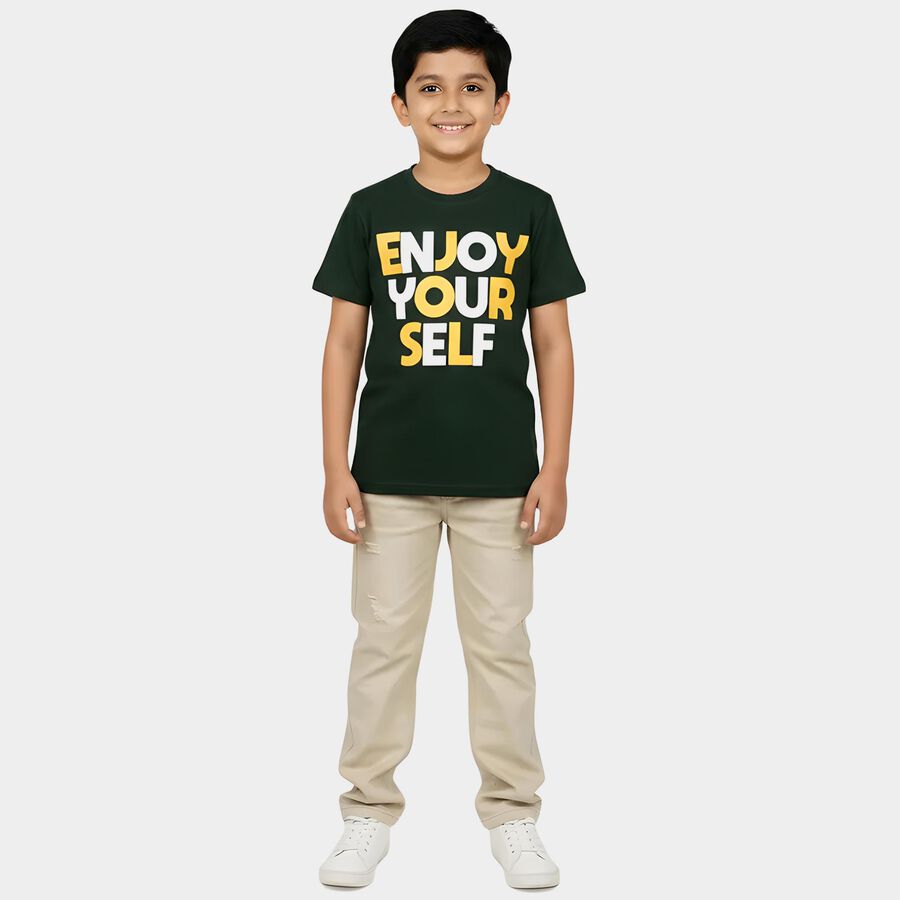 Boys Green Round Neck Casual Boys T-Shirt, गहरा हरा, large
