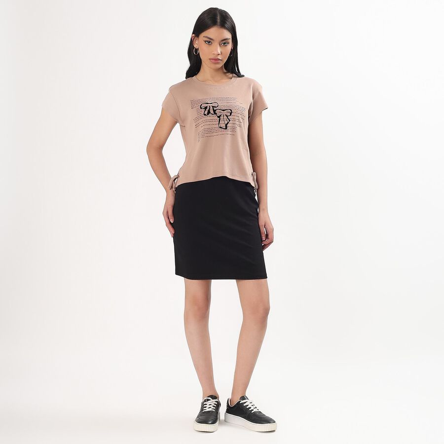 Women's Beige Cotton Round Neck Graphic T-Shirt, Beige, large