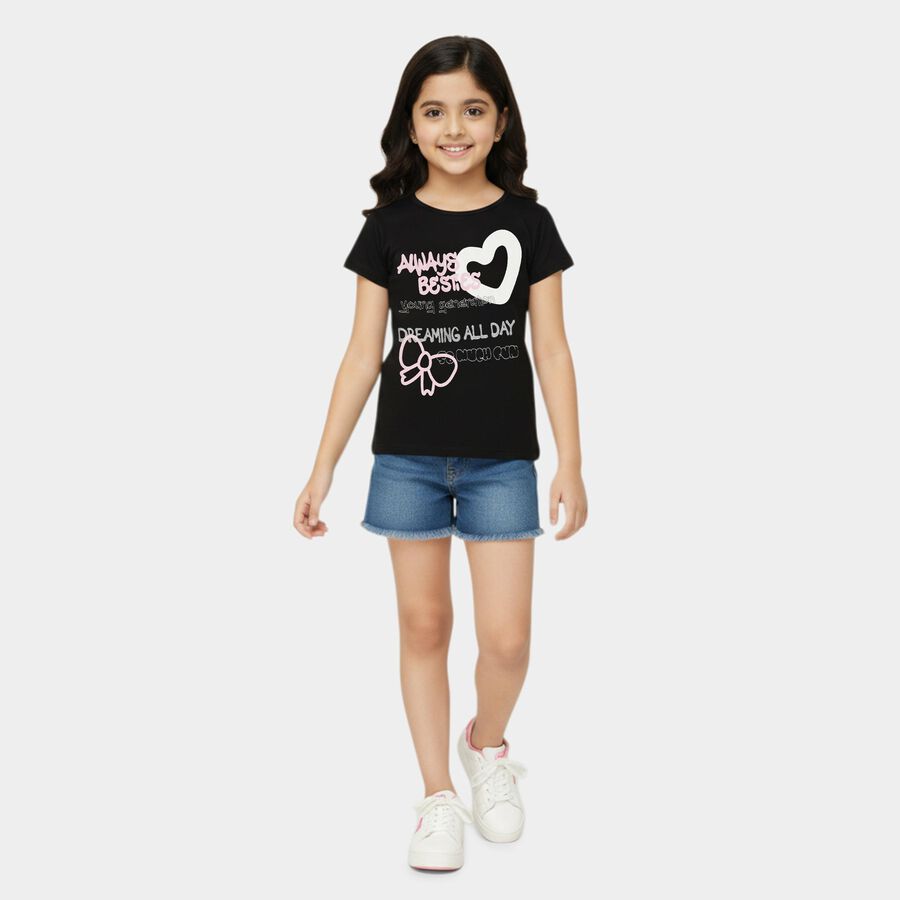 Girls Black Cotton Round Neck Casual T-Shirt, Black, large