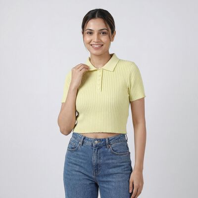 Women's Yellow Cotton Round Neck Casual Top