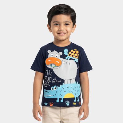 Boys Navy Blue Cotton Round Neck Regular Boys T-Shirt