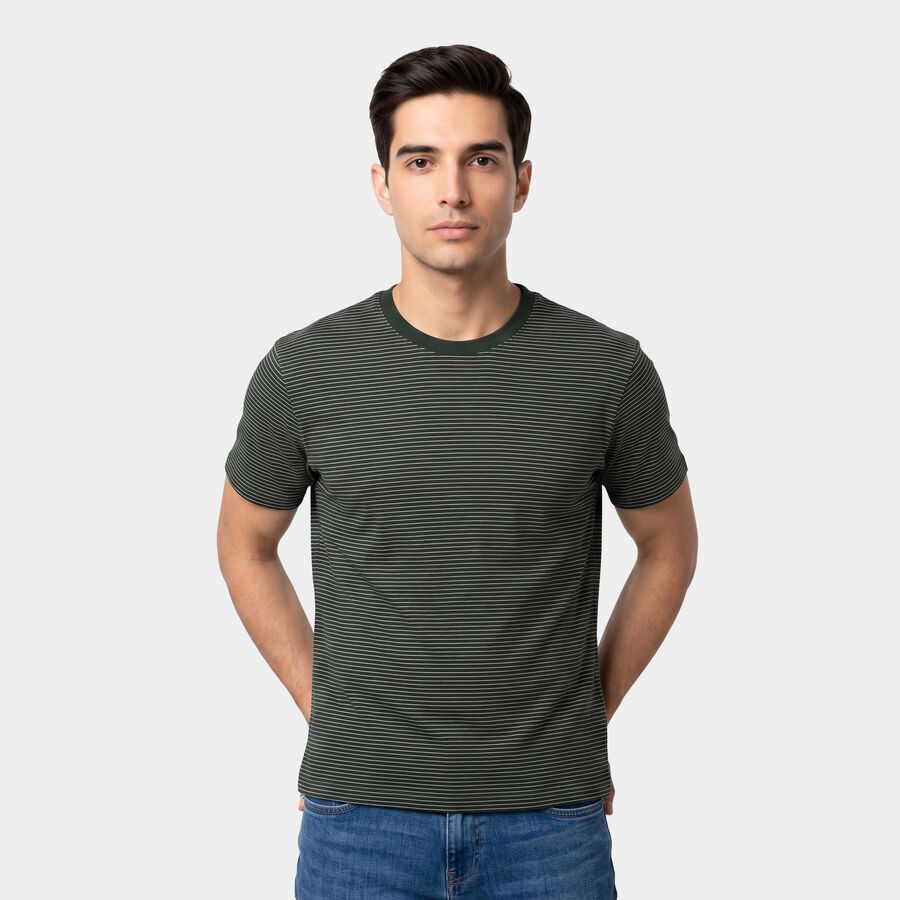 Men's Green Round Neck Striped Regular T-Shirt, Dark Green, large