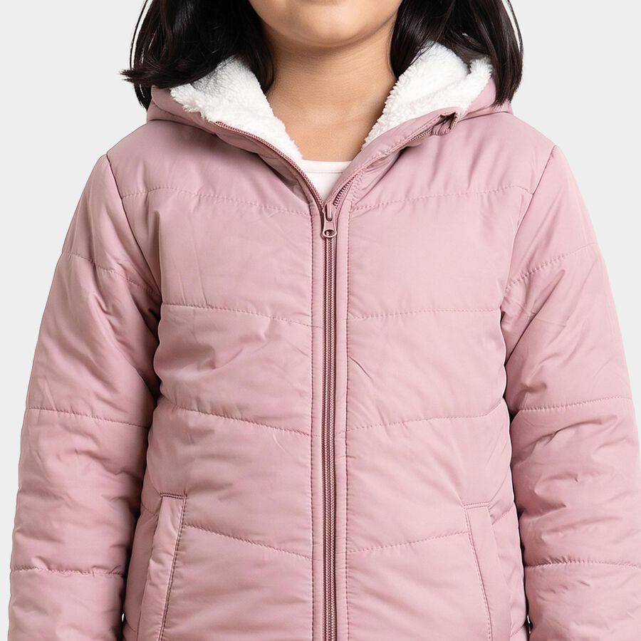 Girls' Purple Hooded Puffer Jacket, Purple, large