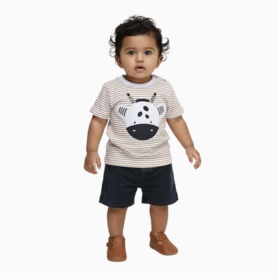 Infants' Beige Cotton Round Neck Embroidered Baba Suit