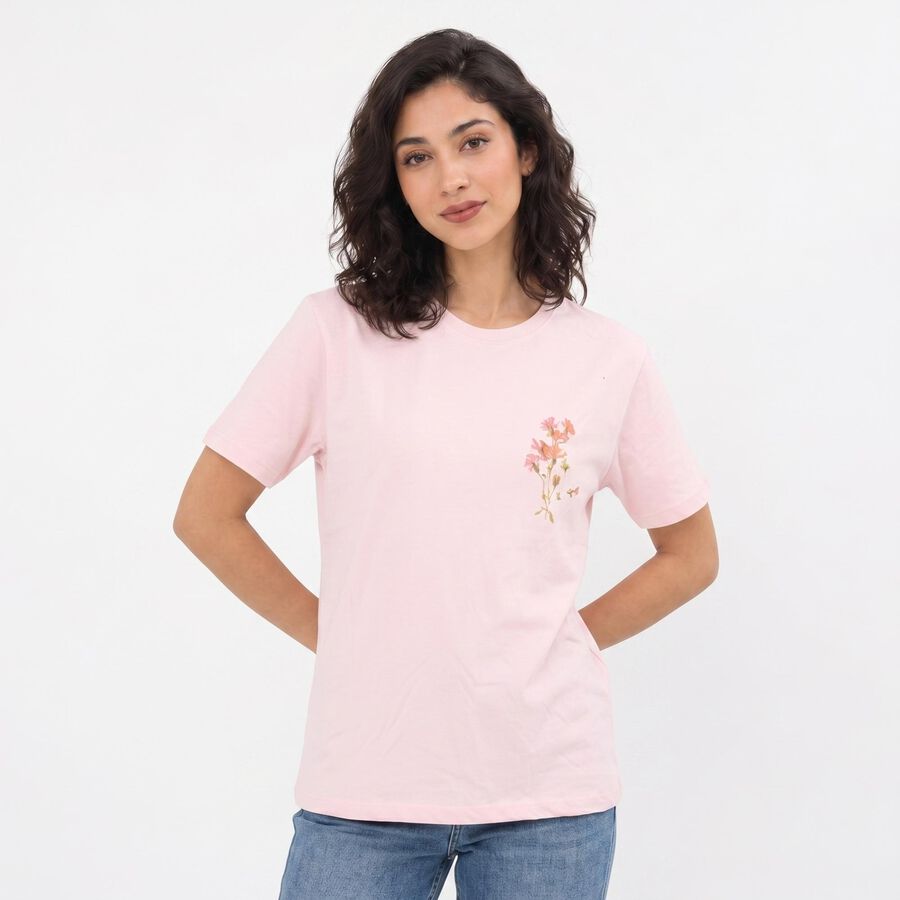 Women's Pink Cotton Round Neck Graphic Print T-Shirt, हल्का गुलाबी, large