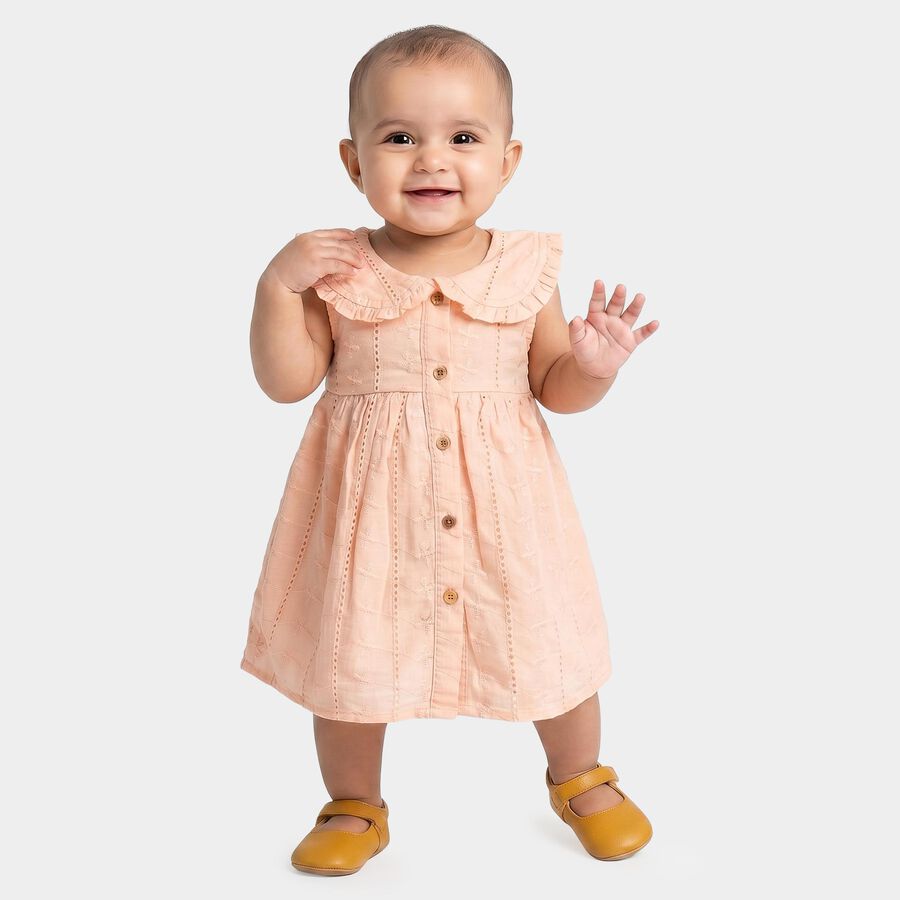 Infants' Peach Sleeveless Fit and Flare Ruffled Collar Frock, Peach, large