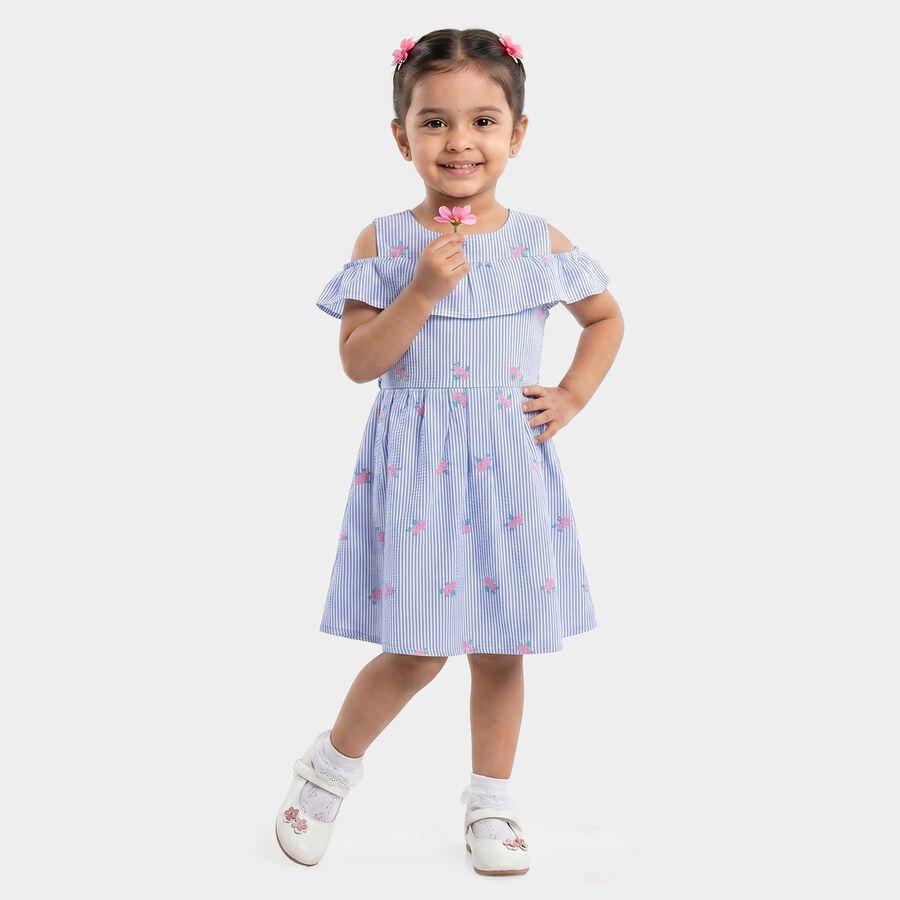 Girls' Light Blue Fit and Flare Striped Floral Print Frock, Light Blue, large