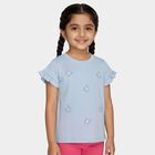 Girls Blue Cotton Round Neck Ruffle Sleeve Butterfly T-Shirt, Light Blue, small