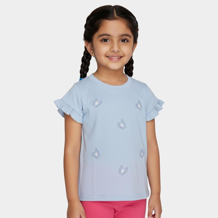 Girls Blue Cotton Round Neck Ruffle Sleeve Butterfly T-Shirt, Light Blue, large