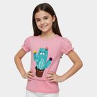 Girls' Pink Cotton Round Neck Graphic Printed T-Shirt, गुलाबी, small