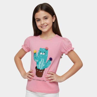 Girls' Pink Cotton Round Neck Graphic Printed T-Shirt
