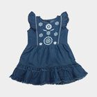 Girls' Blue Tiered Embroidered Ruffle Sleeve Frock, मध्यम नीला, small
