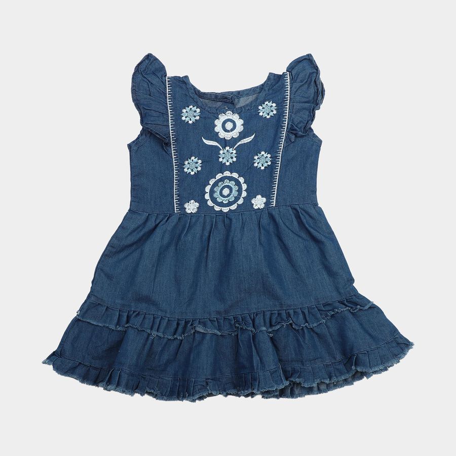 Girls' Blue Tiered Embroidered Ruffle Sleeve Frock, मध्यम नीला, large