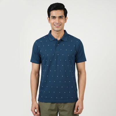 Men's Blue Polo Neck Printed T-Shirt