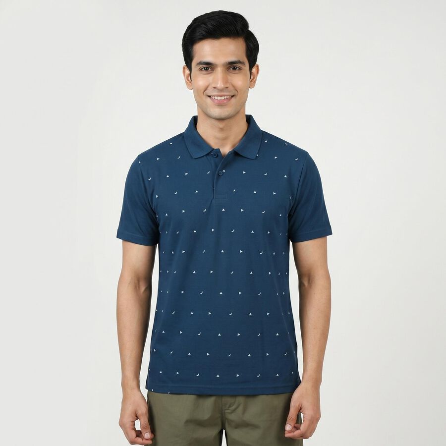 Men's Blue Polo Neck Printed T-Shirt, टील ब्लू, large