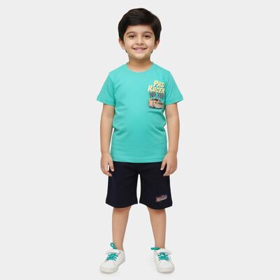 Boys' Light Green Cotton Round Neck Graphic Baba Suit