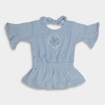 Girls' Light Blue Round Neck Ruffled T-Shirt