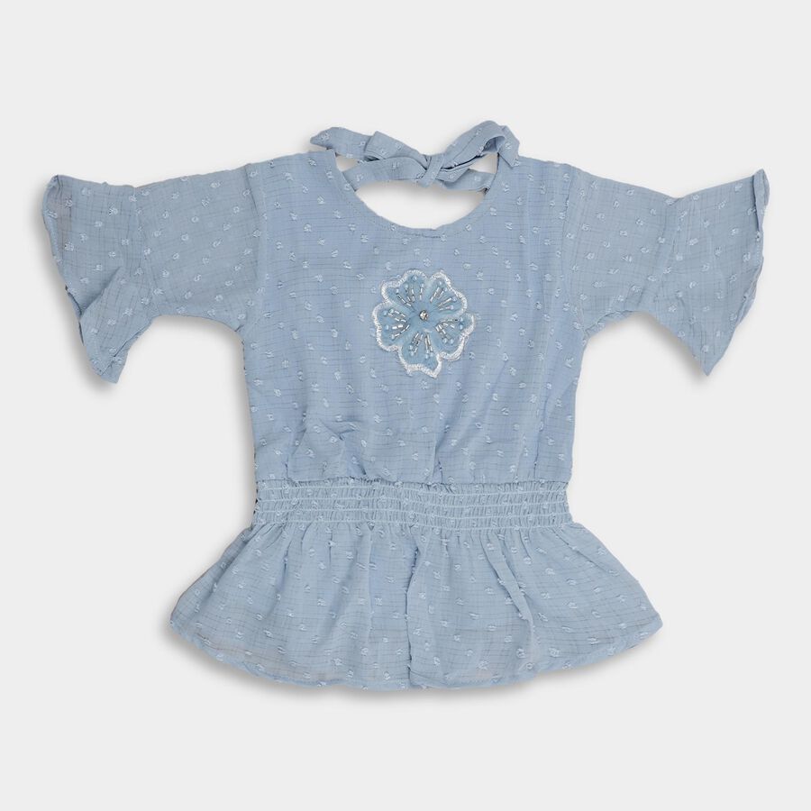 Girls' Light Blue Round Neck Ruffled T-Shirt, हल्का नीला, large image number null