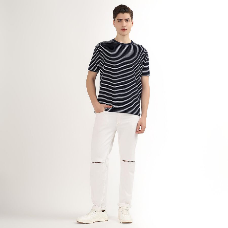 Men's Navy Blue Round Neck Striped T-Shirt, नेवी ब्लू, large