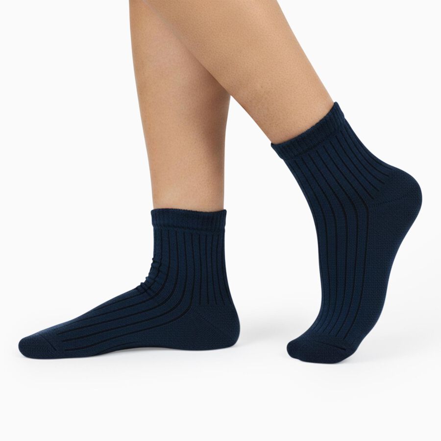 Women's Navy Blue Regular Fit Ribbed Ankle-Length Socks, Dark Blue, large