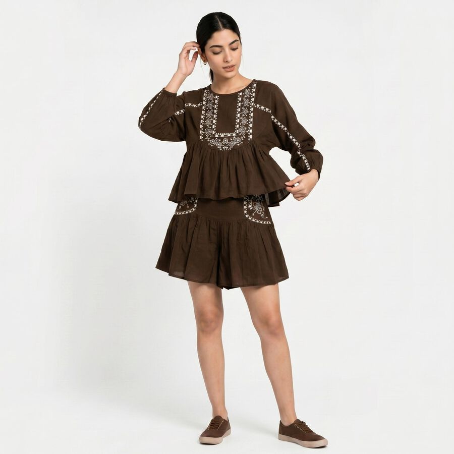 Women's Brown Cotton Embroidered Co-ord Set, भूरा, large