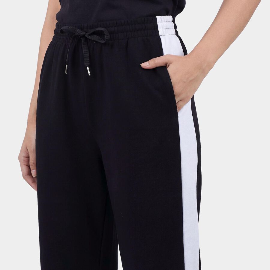 Women's Black Slim Fit Side-Striped Track Pants, काला, large
