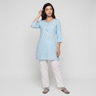 Women's Light Blue Round Neck Printed Kurta, हल्का नीला, small