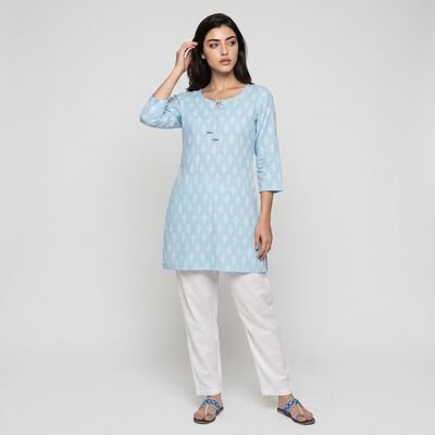 Women's Light Blue Round Neck Printed Kurta