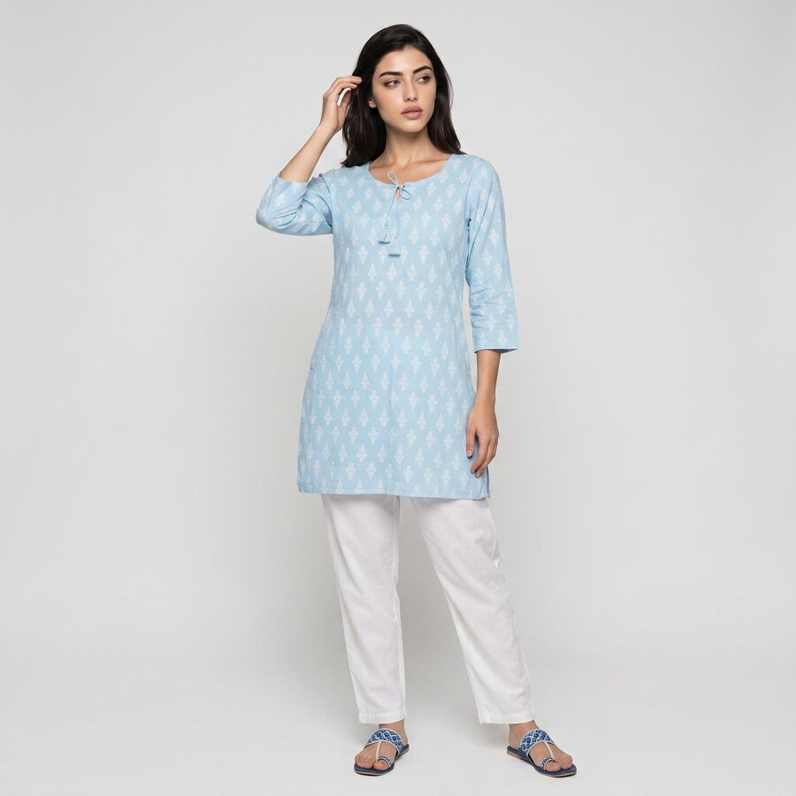 Women's Light Blue Round Neck Printed Kurta, हल्का नीला, large
